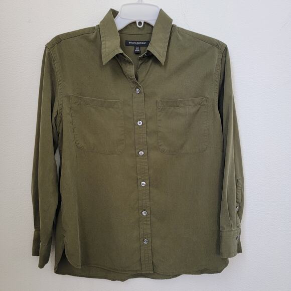 Banana Republic Army Green Button Up Long Sleeves Sz XS Petite Utility Mangrove - Picture 1 of 13